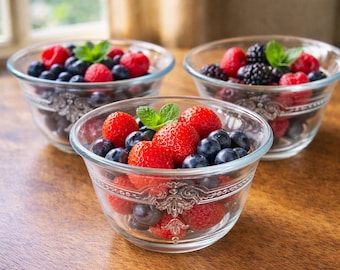 Vintage Fire King Dessert Bowls Set of 3 Clear Glass Custard Cups Mid Century Kitchen Berry Bowls USA