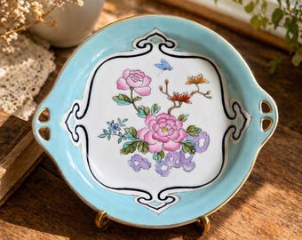 Antique Nippon Hand Painted Plate Handles Floral Porcelain Dish Blue Gold Trim Early 1900s Japan Vintage Gift