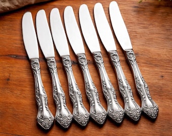Vintage Rogers Stainless Dinner Knives Set of 7, Floral Scroll Handle Flatware, Replacement Knives, Made in Korea Mid Century