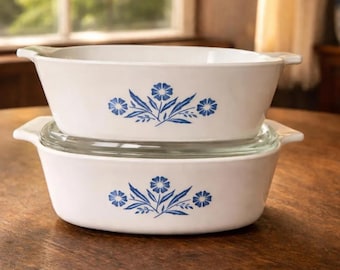 Vintage Corning Ware Blue Cornflower Casserole Set of 2, a 2 Quart and 1.5 Quart,  USA Pyroceram Baking Dishes 9 Inch with Glass Lid