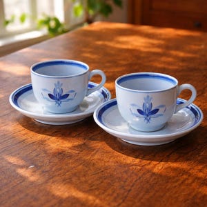 May include: Two matching light blue and white teacups and saucers. Each cup and saucer has a blue floral design and a blue border. The cups have handles and are sitting on a wooden surface.