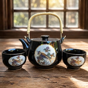 Vintage 1980s Japanese Black Pheasant Tea Set for Two | Fine China Japan Teapot & 2 Cups