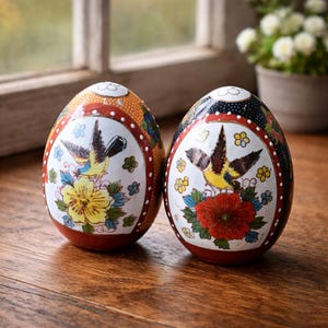 May include: Two decorative egg-shaped ornaments featuring painted illustrations of birds and flowers. The left egg has an orange background with a yellow bird and yellow flower. The right egg has a black background with a yellow bird and red flower.