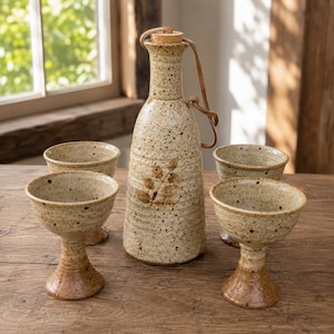 May include: A ceramic beverage set consisting of a tall, speckled beige bottle with a cork stopper and a leather carrying strap, accompanied by four matching stemmed cups. Each piece features a speckled finish and a brown leaf motif on the bottle.
