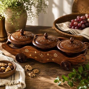 Könnte beinhalten: Ein Holzserviertablett mit drei Schalen mit Deckel. Die Schalen und das Tablett sind dunkelbraun mit dekorativen floralen Mustern. Das Tablett hat an jedem Ende einen Griff und ist mit eingelegten Goldakzenten verziert.