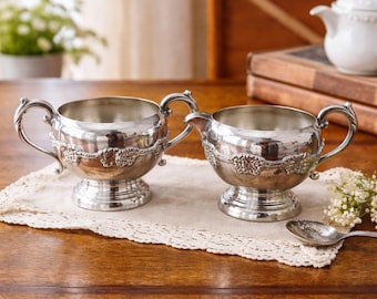 Vintage Silverplated Cream and Sugar Set, WM A Rogers, Grape Vine Silverplate, Old English Reproduction, Cottage Table Decor