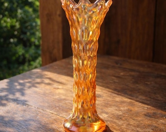 Vintage Marigold Carnival Glass Swung Vase Ruffled Rim 10 Inch Iridescent Amber Bud Vase Mid Century Style Decor Gift