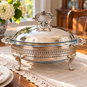 May include: A silver-plated casserole dish featuring a clear glass insert, an ornate lid with a decorative handle, and intricate filigree side panels. The serving vessel is supported by four detailed claw-style feet and includes two side handles.