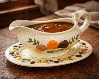 Vintage Gravy Boat with Underplate 1988, Farmhouse Ceramic Sauce Server, Speckled Country Kitchen Serveware, Rustic Table Decor