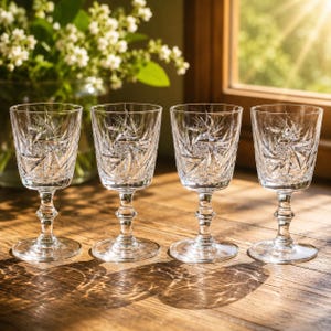 Vintage Set of 4 Pinwheel Cut Crystal Wine Glasses, Etched Starburst Goblets, Clear Crystal Stemware, Elegant Barware, 5.5 Inch