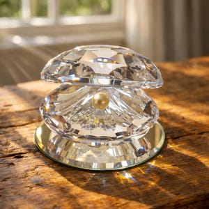 Puede incluir: Una escultura de cristal con forma de concha con una perla dorada en el centro. La concha está facetada, reflejando la luz, y se asienta sobre una base espejada. La escultura se exhibe sobre una superficie de madera.