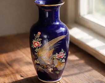Vintage Japanese Cobalt Blue Vase Pheasant Floral Gold Trim Mid Century Asian Decor Small Porcelain Vase Gift Idea