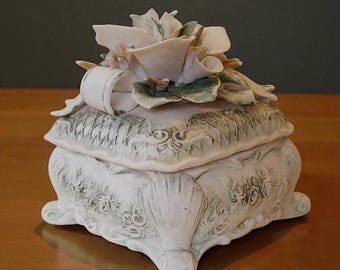 Italian Floral Jewelry Box Vintage Capodimonte Porcelain – Romantic Shabby Chic Vanity Decor Trinket Italy