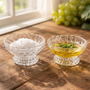 May include: Two clear glass bowls on a wooden surface. One bowl contains white salt, the other contains yellow oil with green herbs. The bowls have a scalloped rim and a decorative base. A bunch of green grapes is in the background.