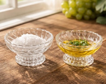 Vintage Glass Salt Cellars Set of 2, Clear Pressed Glass Dip Bowls, Mini Condiment Dishes, Charcuterie Table Decor Gift