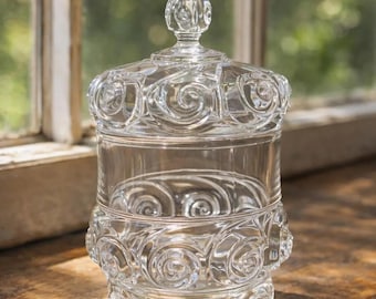 Antique Duncan Miller Snail Glass Candy Jar, Covered Pressed Glass Dish, Clear Scroll Pattern, Vanity Storage, Cottage Decor Gift