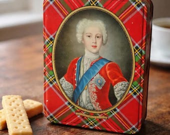 Vintage Scottish Tartan Biscuit Tin, Macfarlane Lang Prince Charles Edward, Bonnie Prince Charlie Tea Tin, Red Plaid Storage Box