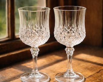 Vintage Wine Goblets Set of 2 Clear Glass Diamond Pattern Stemware Elegant Barware Entertaining Glasses