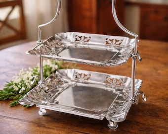 Vintage Silverplate 2 Tier Serving Stand, Floral Pierced Dessert Tray, Tea Party Display, Bridal Shower Decor, Cottagecore Kitchen