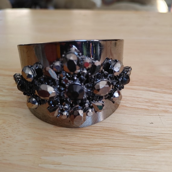 Black Rhinestone Statement Cuff Bracelet – Wide G… - image 1