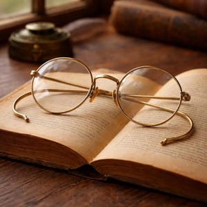 May include: A pair of round, gold-rimmed eyeglasses rests on the open pages of an antique book. The glasses have a delicate, wire-frame design. The book's pages are aged and yellowed, suggesting a vintage aesthetic.