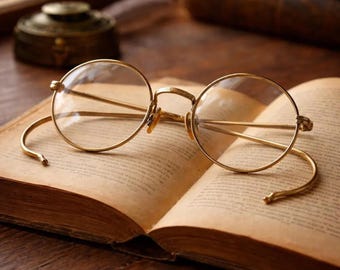 Antique Bausch & Lomb Gold Filled Bifocal Glasses, 1920s Round Wire Rim Spectacles, Cable Temple Eyewear, Steampunk Style