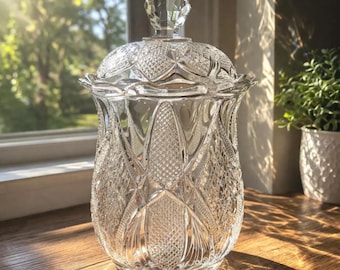 Vintage Glass Candy Dish With Lid, Pressed Glass Biscuit Jar, Farmhouse Kitchen Decor, Wedding Candy Jar, Clear Glass Storage