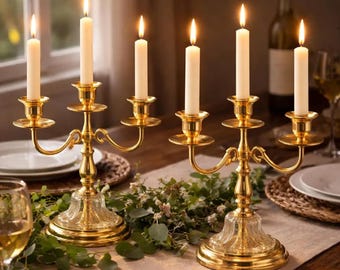Gold Candelabra Pair 3 Arm Candle Holders Wedding Centerpiece Set Large Vintage Style Elegant Dining Table Decor Romantic