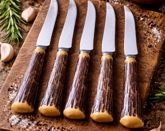 Vintage Sheffield Steak Knives Set of 5, Faux Stag Handle Cutlery, Mid Century Kitchen Knives, Rustic Tableware, Replacement Knife Set