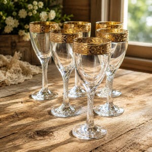 Vintage Twisted Stem Wine Glasses Set of 5 | Gold Floral Rim | Mid-Century Elegant Stemware | 1950s–1970s Barware