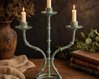 Vintage Rustic Metal Candelabra Patina Green 3 Arm Candle Holder Gothic Farmhouse Wedding Centerpiece Aged Decor
