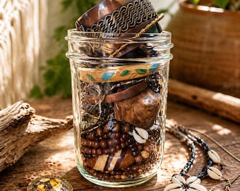 Boho Jewelry Jar 20 Pieces, Earthy Vintage Mix, Shell Wood Necklace Set, Bracelet Earrings Bundle, Curated Wearable Gift