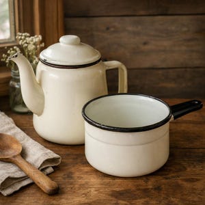 Vintage Enamelware Kitchen Set Cream Coffee Pot & Saucepan Farmhouse Cottagecore Rustic Camping Enamel Cookware Pair