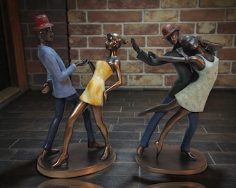 Art Deco Style Dance Couple Sculptures Pair, Signed 2001, Bronze Tone Figurines, Jazz Tango Dancers Home Decor