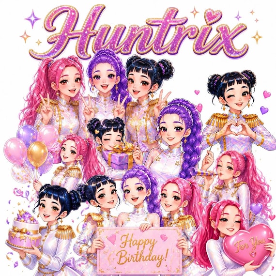 Demon Hunters Birthday Clipart Bundle Huntrix Kpop Anime Girls PNG Party Design Digital Download