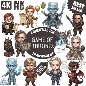May include: A set of 12 cartoon illustrations of characters from Game of Thrones. The images feature characters such as Jon Snow, Daenerys Targaryen, and the Night King. The text includes "Game of Thrones", "Commercial Use", and a "50% Off" label.
