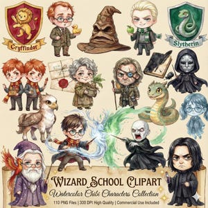 Zestaw clipartów „Szkoła Czarodziejów” – akwarelowe postacie chibi, magiczne stworzenia, elementy księgi zaklęć, pakiet 110 obrazów PNG