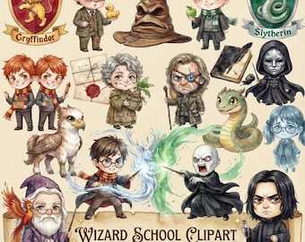 Wizard School Clipart Set – Watercolor Chibi Characters, Magic Creatures, Spellbook Elements, 110 PNG Bundle