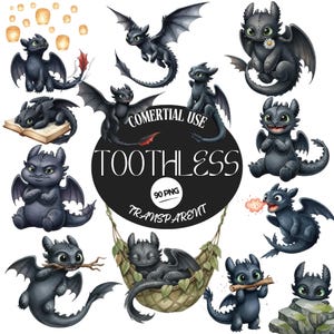 Peut inclure: Plusieurs illustrations de dragons noirs dans diverses poses, avec des ailes et tenant des objets. Le texte "TOOTHLESS" est dans un cercle noir, avec "90 PNG" et "TRANSPARENT". Certains dragons sont près de lanternes flottantes.
