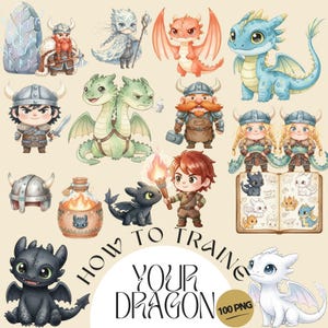 May include: Watercolor illustrations of dragons and Viking characters. The image includes a variety of dragons in different colors, along with Viking warriors and the text "HOW TO TRAIN YOUR DRAGON". A book with dragon illustrations is also included.