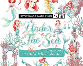 Watercolor Mermaid Under The Sea Clipart PNG Ariel Ocean Princess Birthday Party Decor Fantasy Bundle