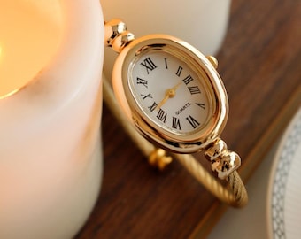Dainty Gold Cuff Watch, Oval Roman Numeral Bangle Wristwatch, Twisted Wire Band, Elegant Vintage Gift for Her Anniversay Valentine