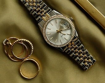 Belos Two-Tone Pave Watch, Gold & Silver Diamond Accent Wristwatch for Women, Elegant Statement Jewelry, Timeless Anniversary Gift Mother