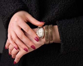 Oval Bangle Watch for Women,Roman Numeral Dial Crystal Bezel or Minimalist Finish,Vintage Gold Cuff Wristwatch,for Her,Old Money Jewelry