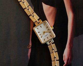 Gold Rectangle Women’s Watch – Minimalist Bracelet Style, Stylish White Dial Wristwatch, Gift Anniversay, Girlfriend, Mom, Her, Mother