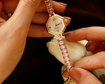 Gold Octagon Watch, Pink Baguette Zircon Crystal Bracelet Wristwatch, Luxury Bridal Gift for Her Anniversay Girlfriend Valentine Mother Mom
