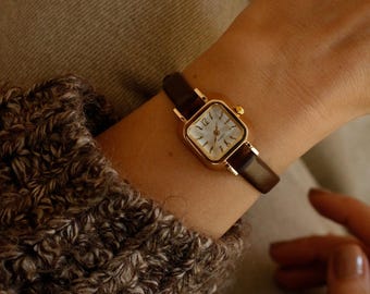 Gold Square Watch, Dark Brown Minimal Leather Strap Wristwatch for Women, Unique Arabic Numeral Gift Idea Anniversay Girlfriend Valentine