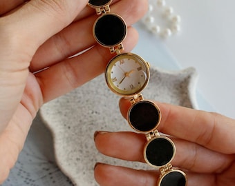 Camille Gold Black Stone Watch, Link Bracelet Wristwatch, Vintage Cabochon Jewelry Gift for Women Anniversay Girlfriend Valentine Mother Mom