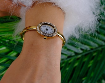 Oval Bangle Watch for Women, Crystal Bezel or Minimalist Gold Silver Cuff Wristwatch, Roman Numeral Vintage Jewelry, Old Money Gift