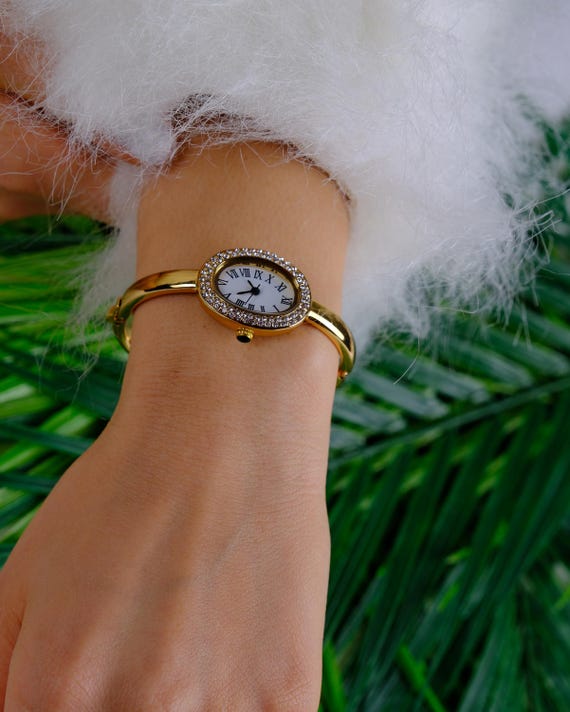 Oval Bangle Watch for Women, Crystal Bezel or Minimalist Gold Silver Cuff Wristwatch, Roman Numeral Vintage Jewelry, Old Money Gift